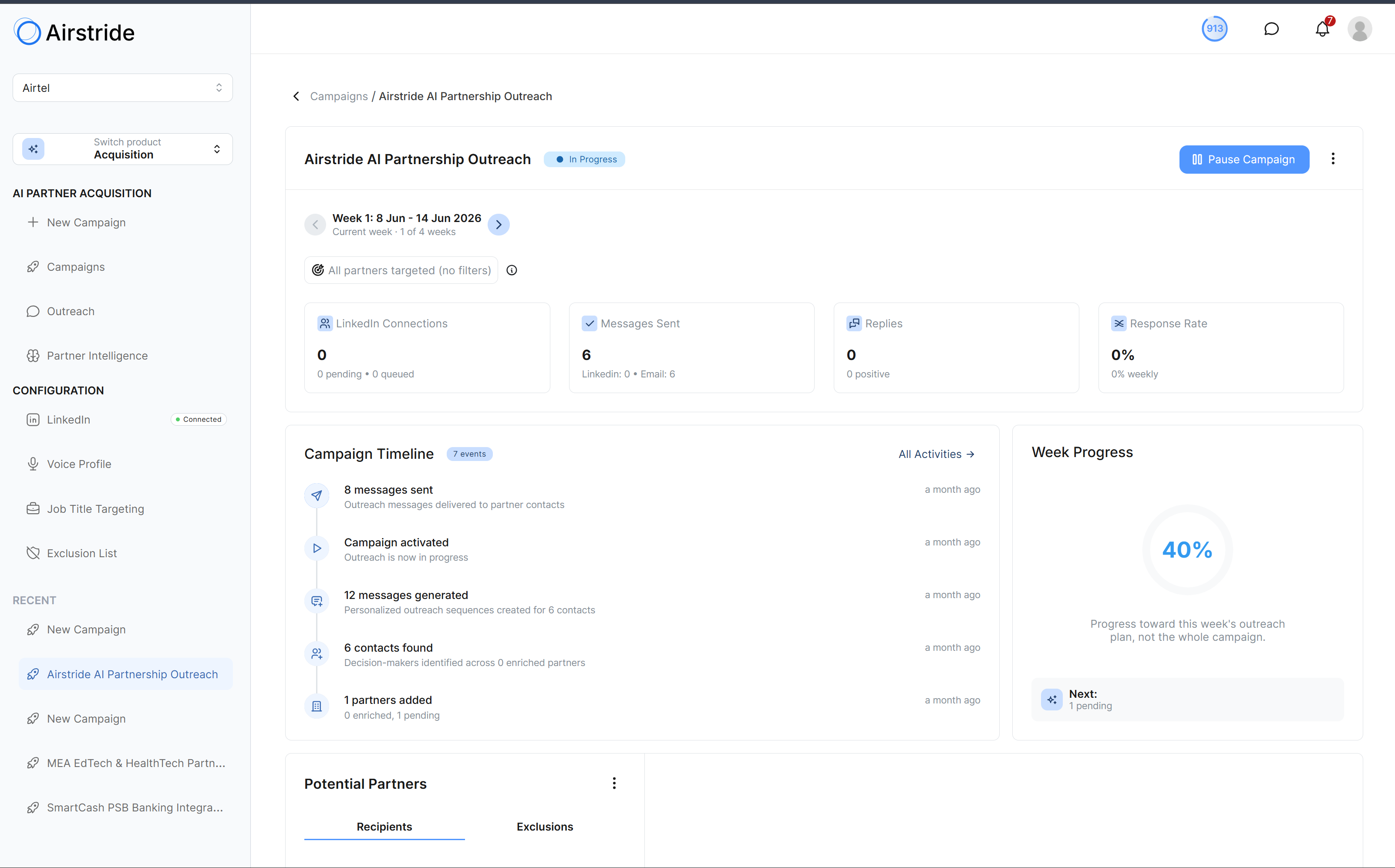 Live campaign metrics and activity timeline