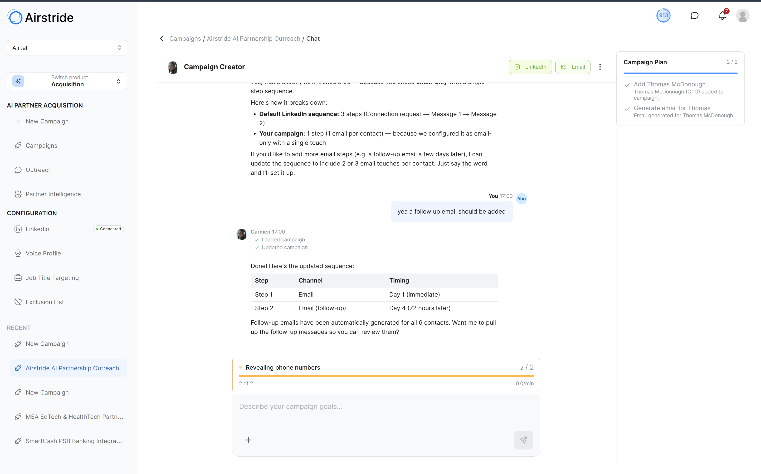 Carmen building a campaign sequence in chat