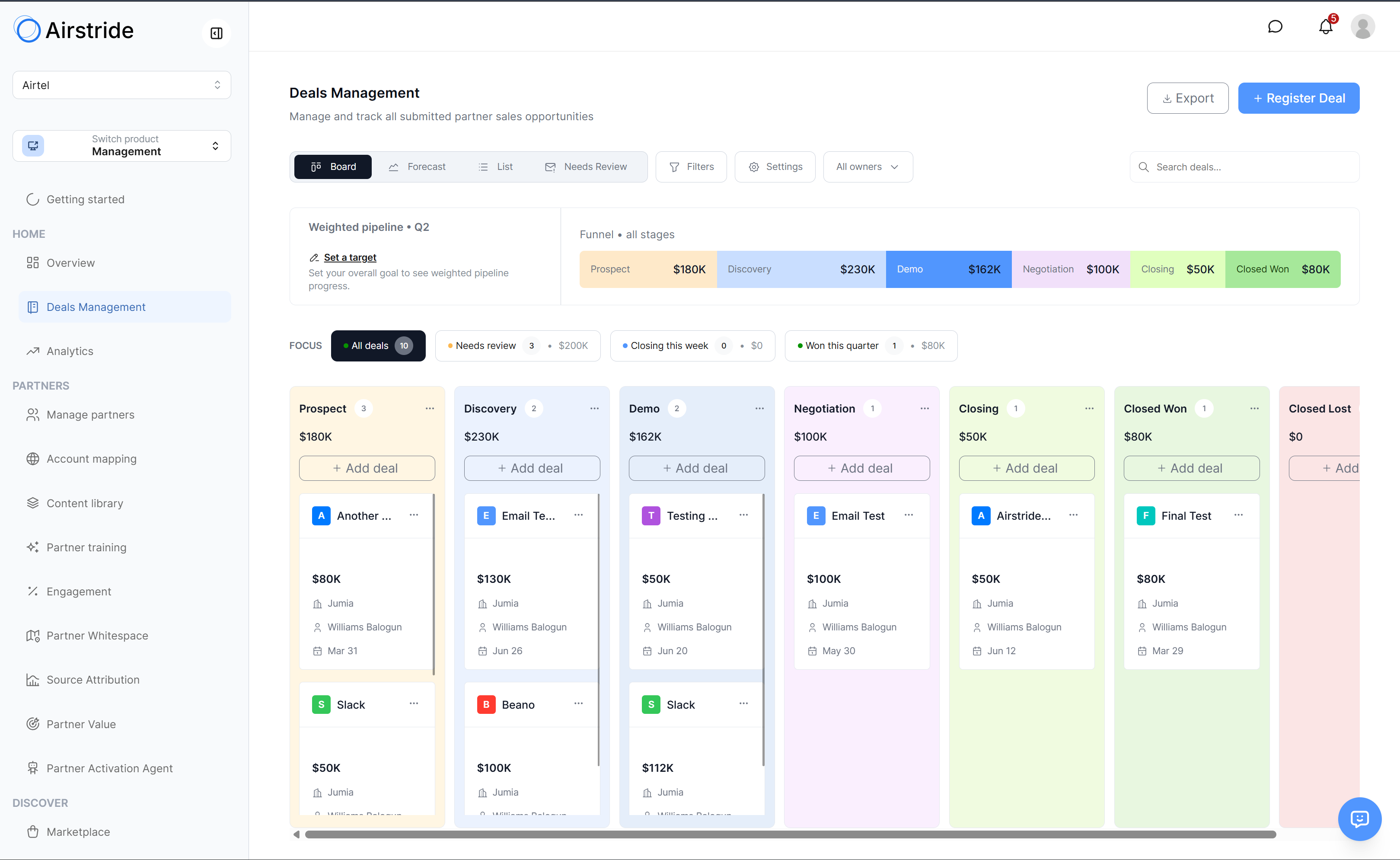 Deals Management kanban board with weighted pipeline