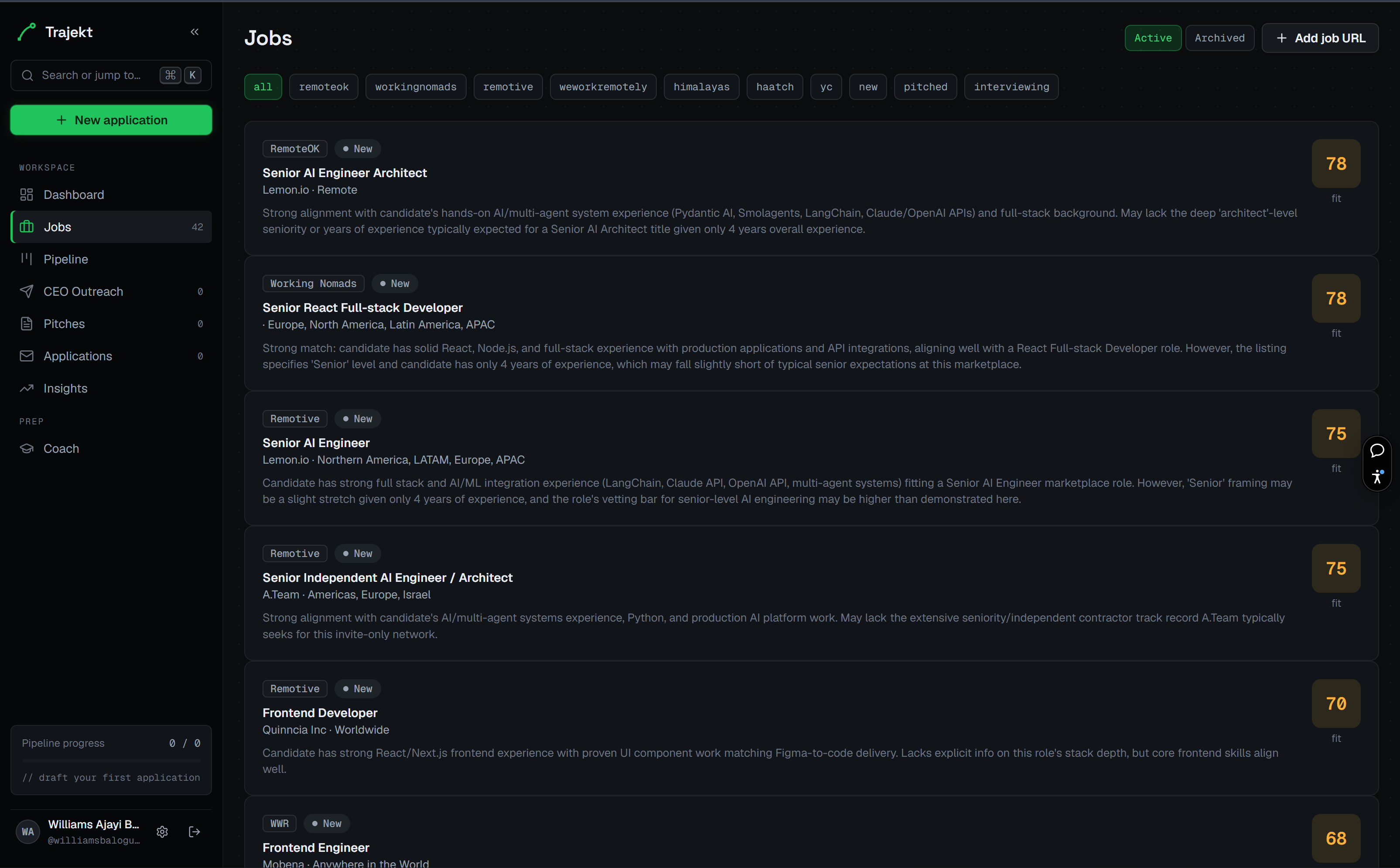Trajekt jobs list with fit scores